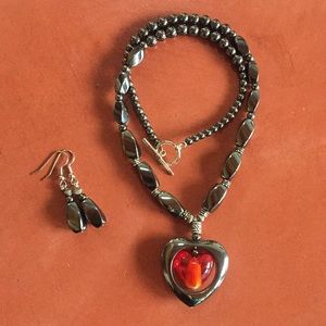 Hematite and Glass Beaded Heart Necklace and Earrings Set NEW